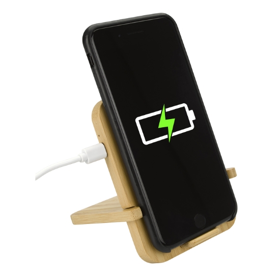 Bamboo 10W Wireless Charger with Phone Holder - Angled with Phone